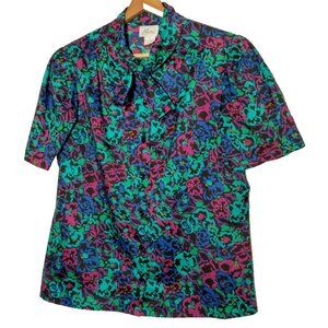 Vintage Alicia Blouse Size 12 Tie Neck Black Blue Pink Floral Short Sleeve